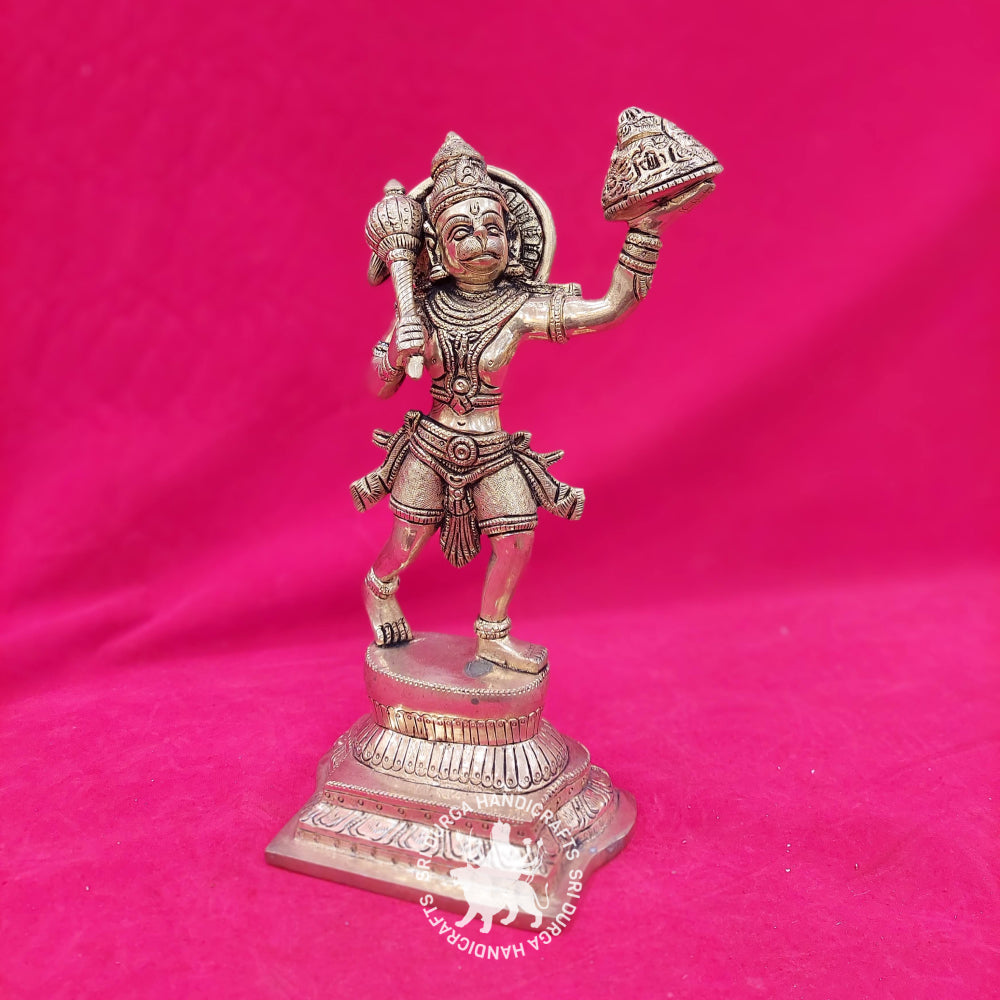 Brass Hanuman with Sanjeev Mountain Idol 10" inch