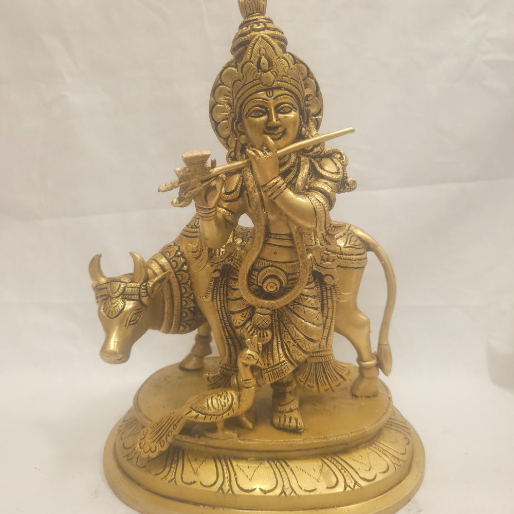 12" inch Brass Krishna with Cow and Peacock Idol
