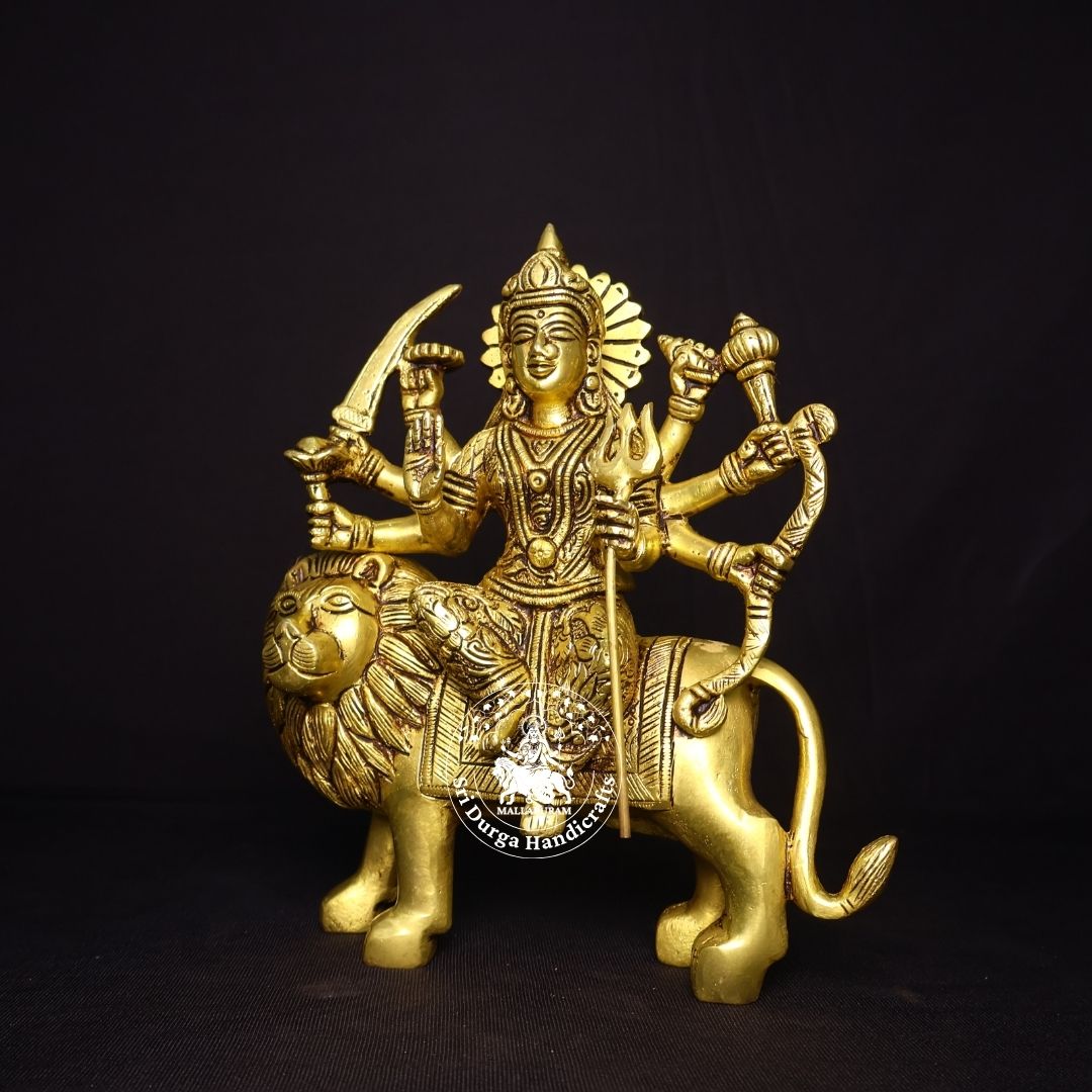 8 Inch Brass Lion Durga (Simma Durgai) Idol