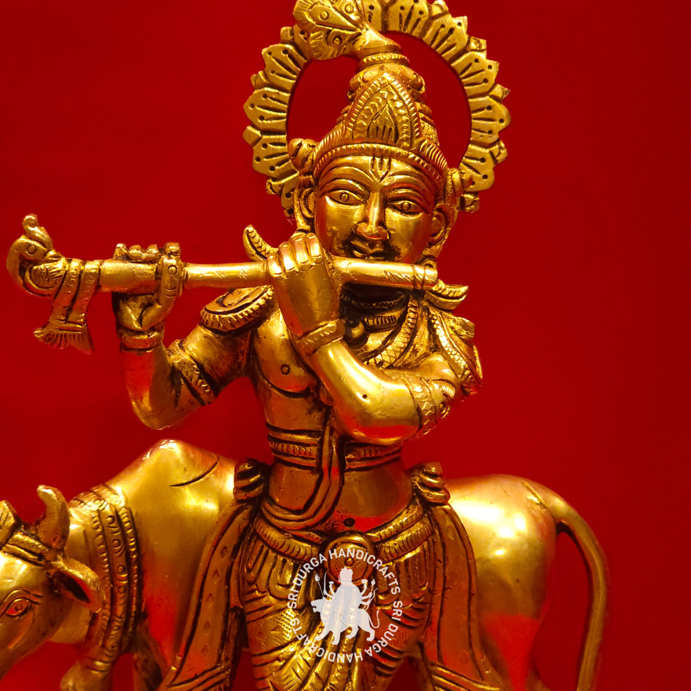 8" inch Krishna with Cow Brass Idol