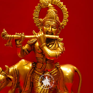 8 inch Krishna with Cow Brass Idol