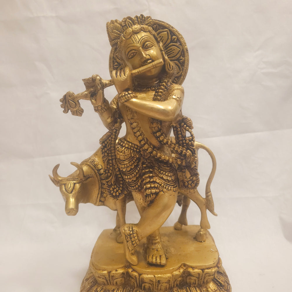 14" inch Brass Lord Krishna with Cow Idol