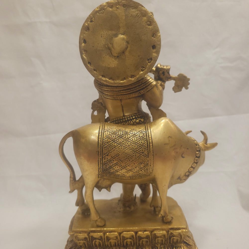 14" inch Brass Lord Krishna with Cow Idol