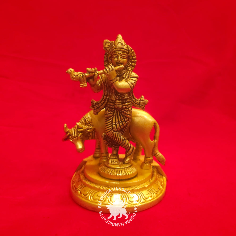 7" inch Brass Krishna with Cow Idol