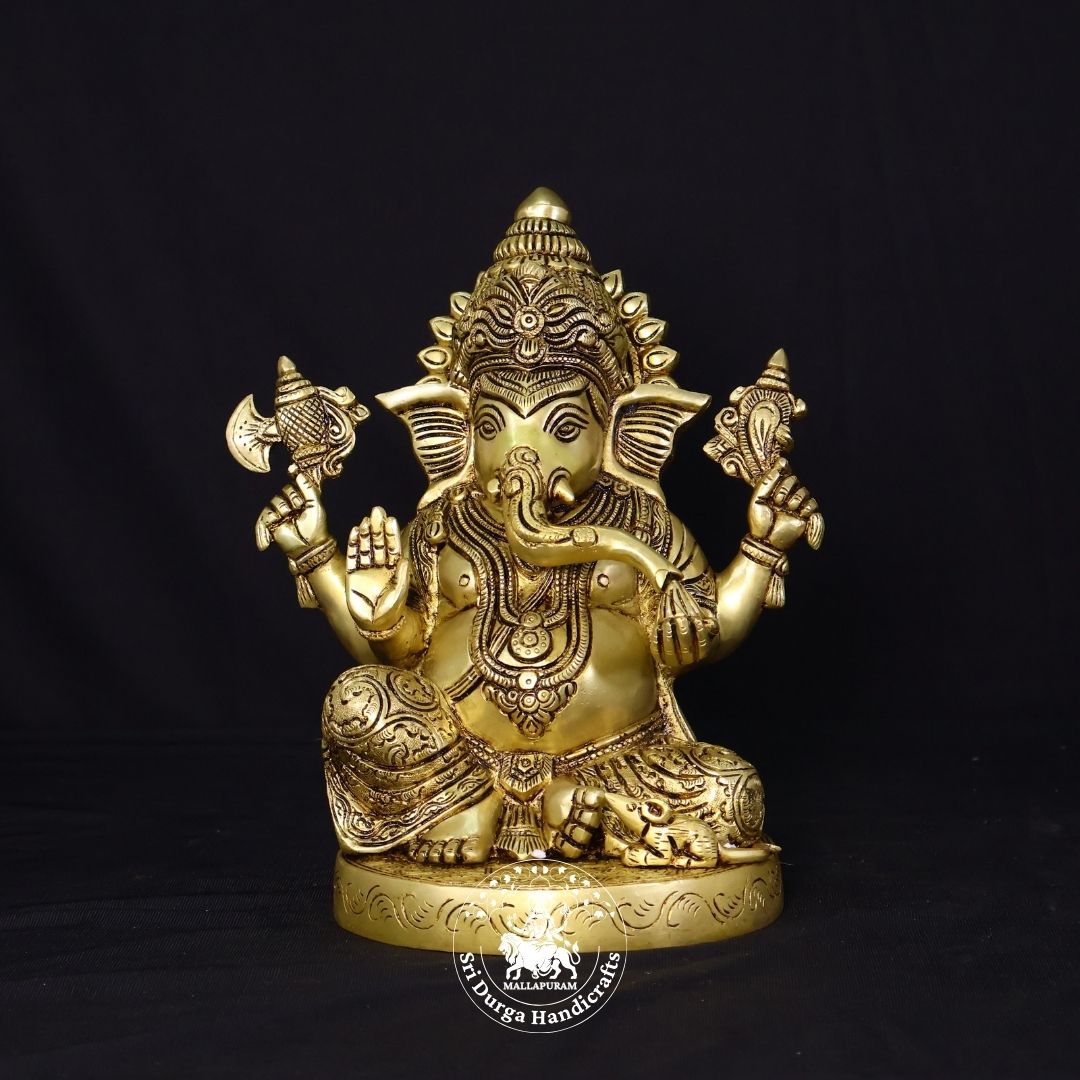 10" Inch Brass Round Base Ganesh Idol