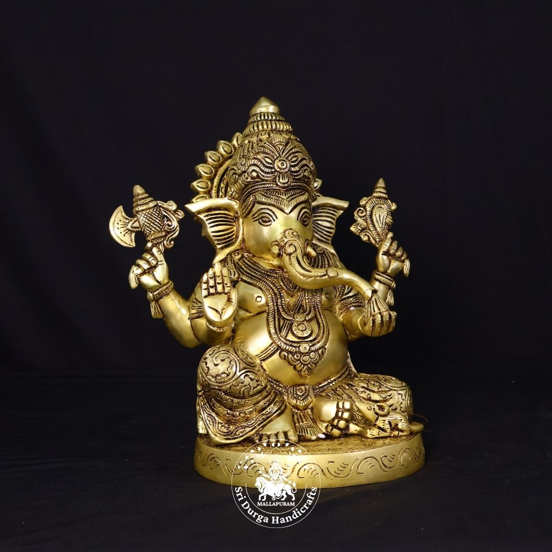 10" Inch Brass Round Base Ganesh Idol