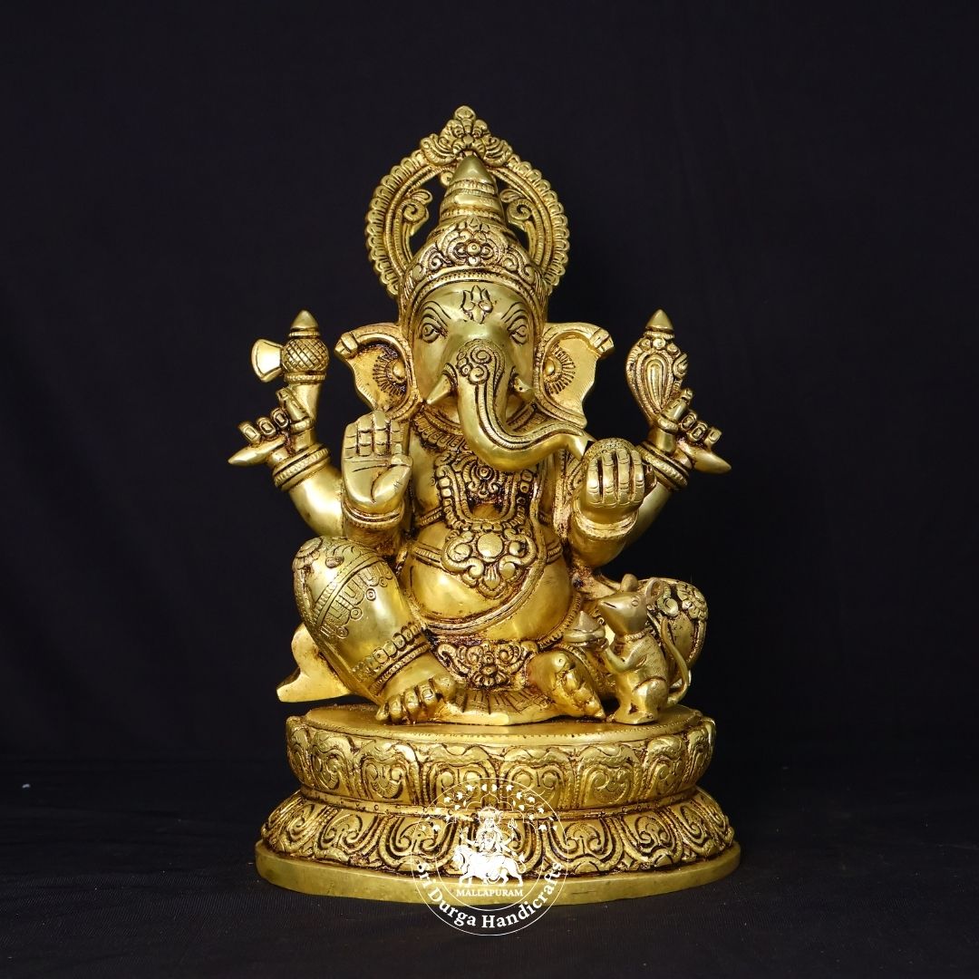 14" Inch Brass Round Base Ganesh Idol