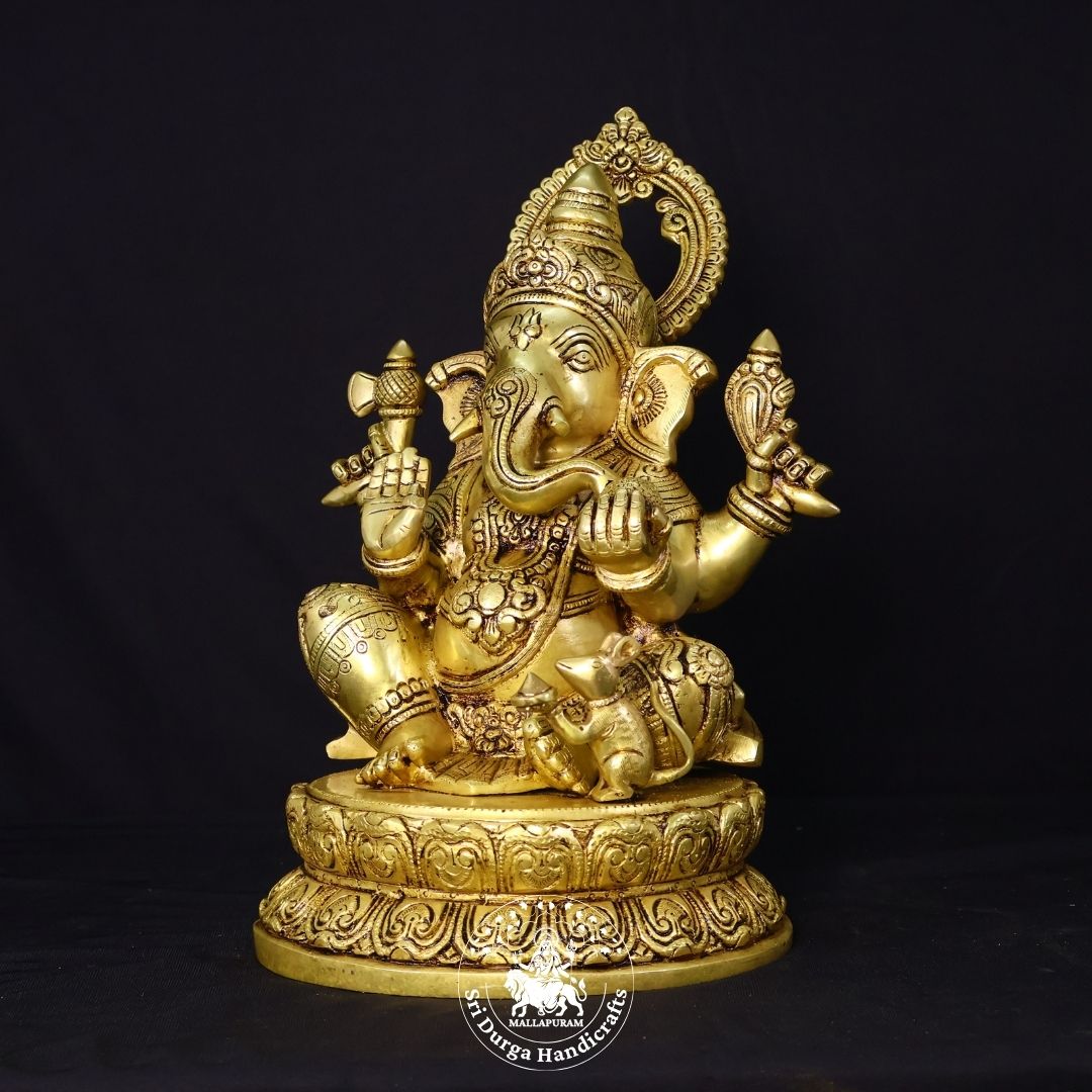 14" Inch Brass Round Base Ganesh Idol