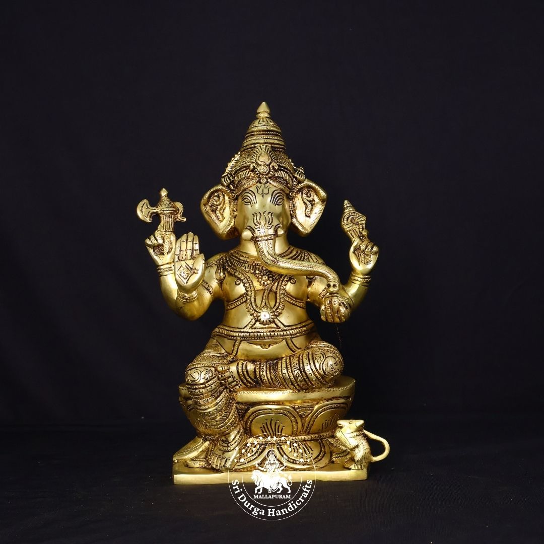 12" Inch Brass Kamal Square Base Ganesh Idol