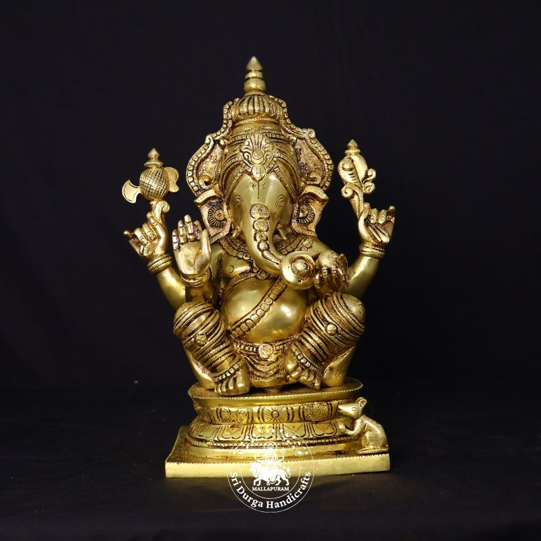 12" Inch Square Base Brass Ganesh Idol
