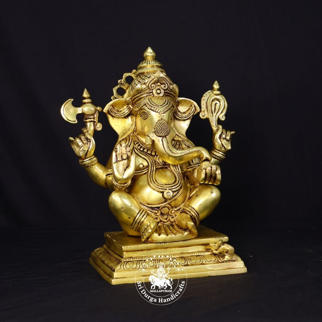 12" Inch Brass Square Base Ganesh Idol