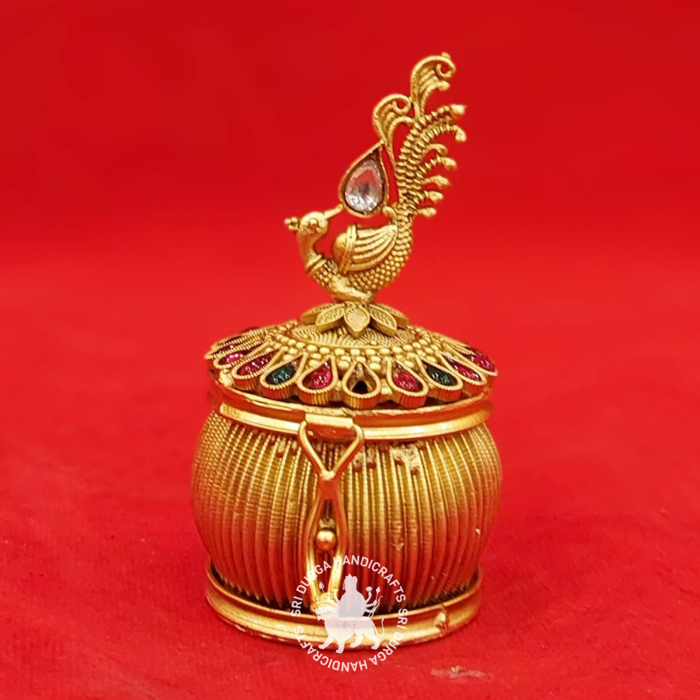 German Silver Stone Peacock Kumkum Box