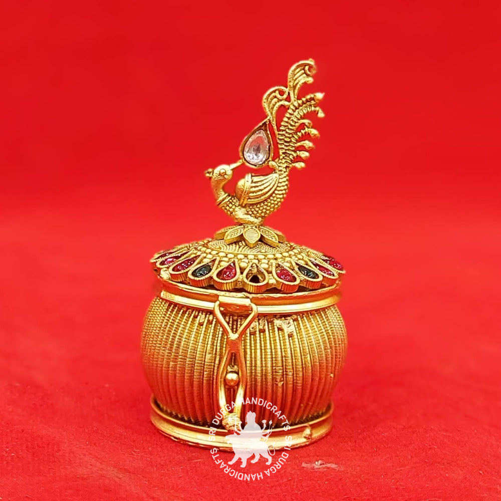 German Silver Stone Peacock Kumkum Box