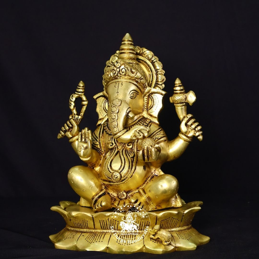 12" Inch Brass Lotus Ganesh Idol