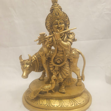 12 inch Brass Krishna with Cow and Peacock Idol