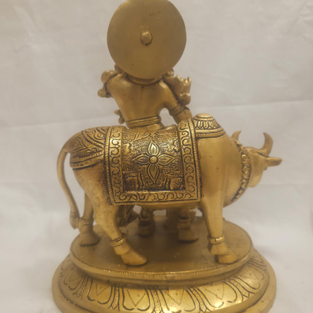 12 inch Brass Krishna with Cow and Peacock Idol