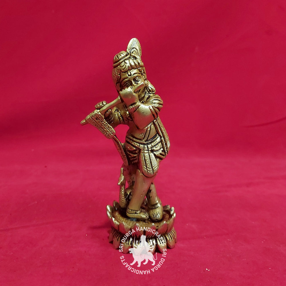 6 Inch Brass Lord Krishna with Lotus Base S/F Idol