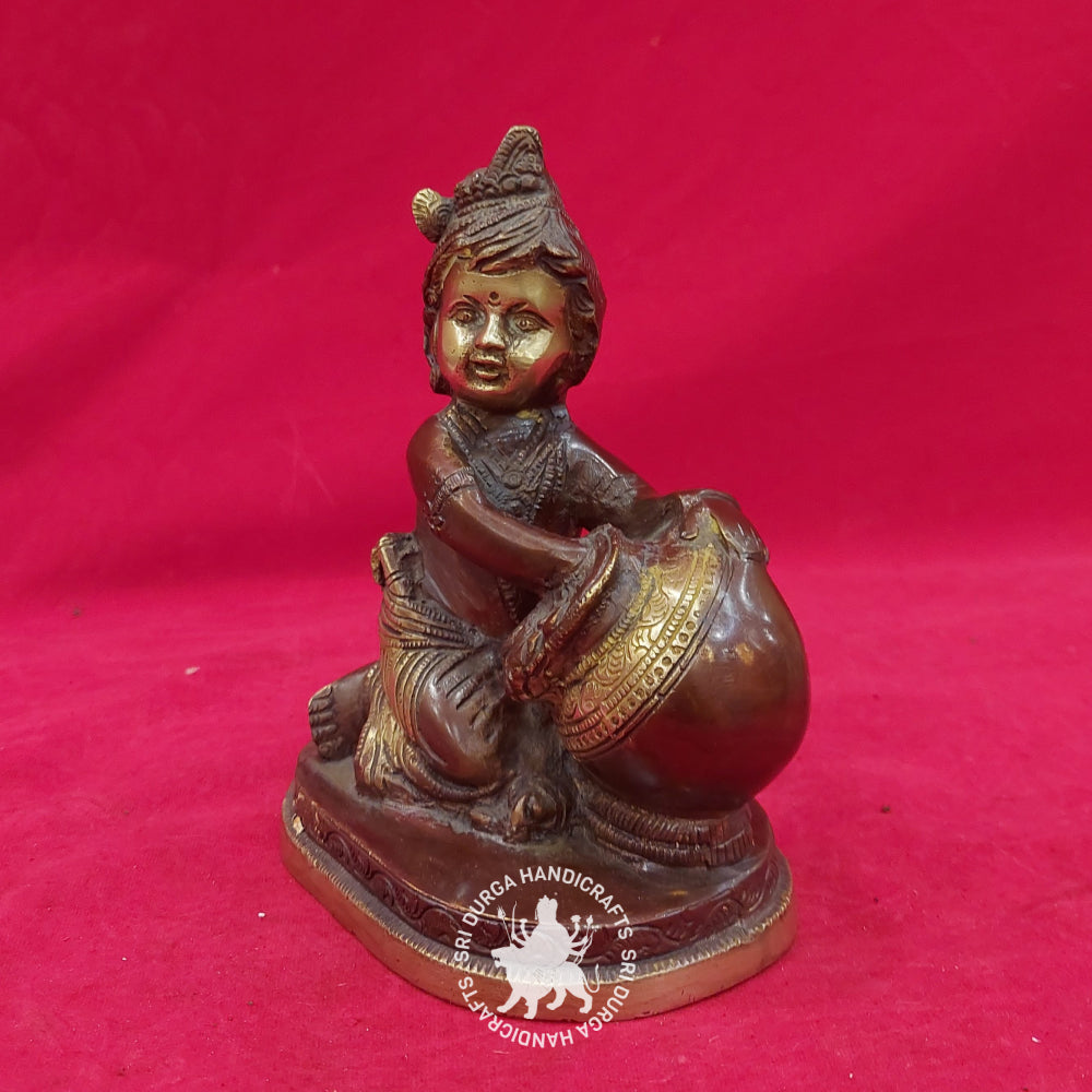 7inch Colored Matki Little Krishna Brass Idol