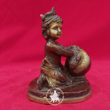 7inch Colored Matki Little Krishna Brass Idol