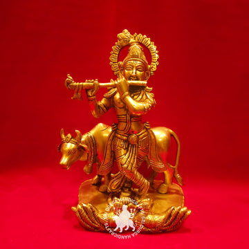 8 inch Krishna with Cow Brass Idol