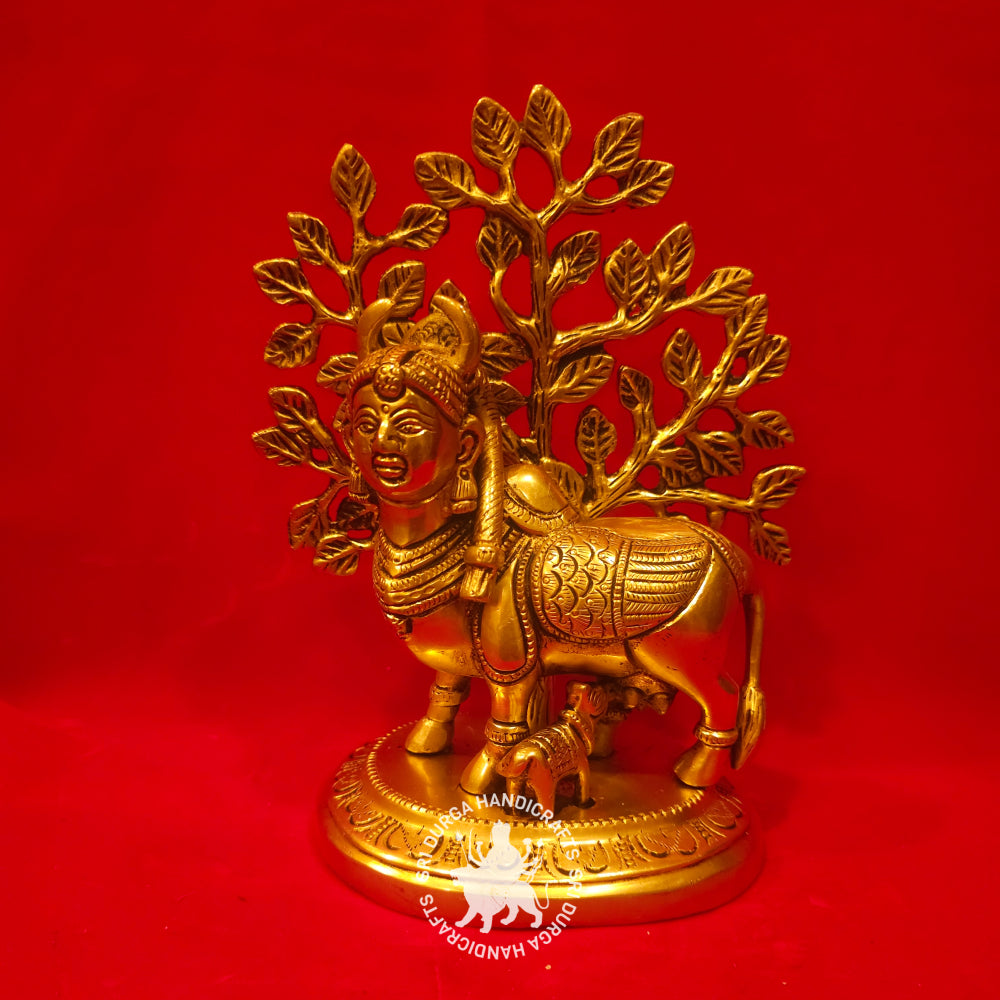 8 inch Brass Kamadenu with Tree Idol