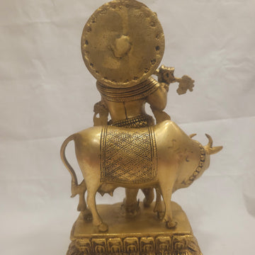 14 inch Brass Lord Krishna with Cow Idol