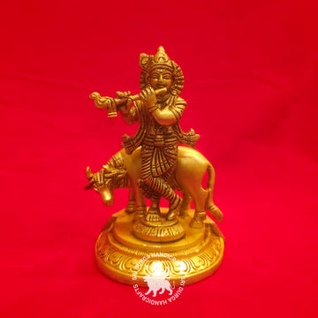 7 inch Brass Krishna with Cow Idol