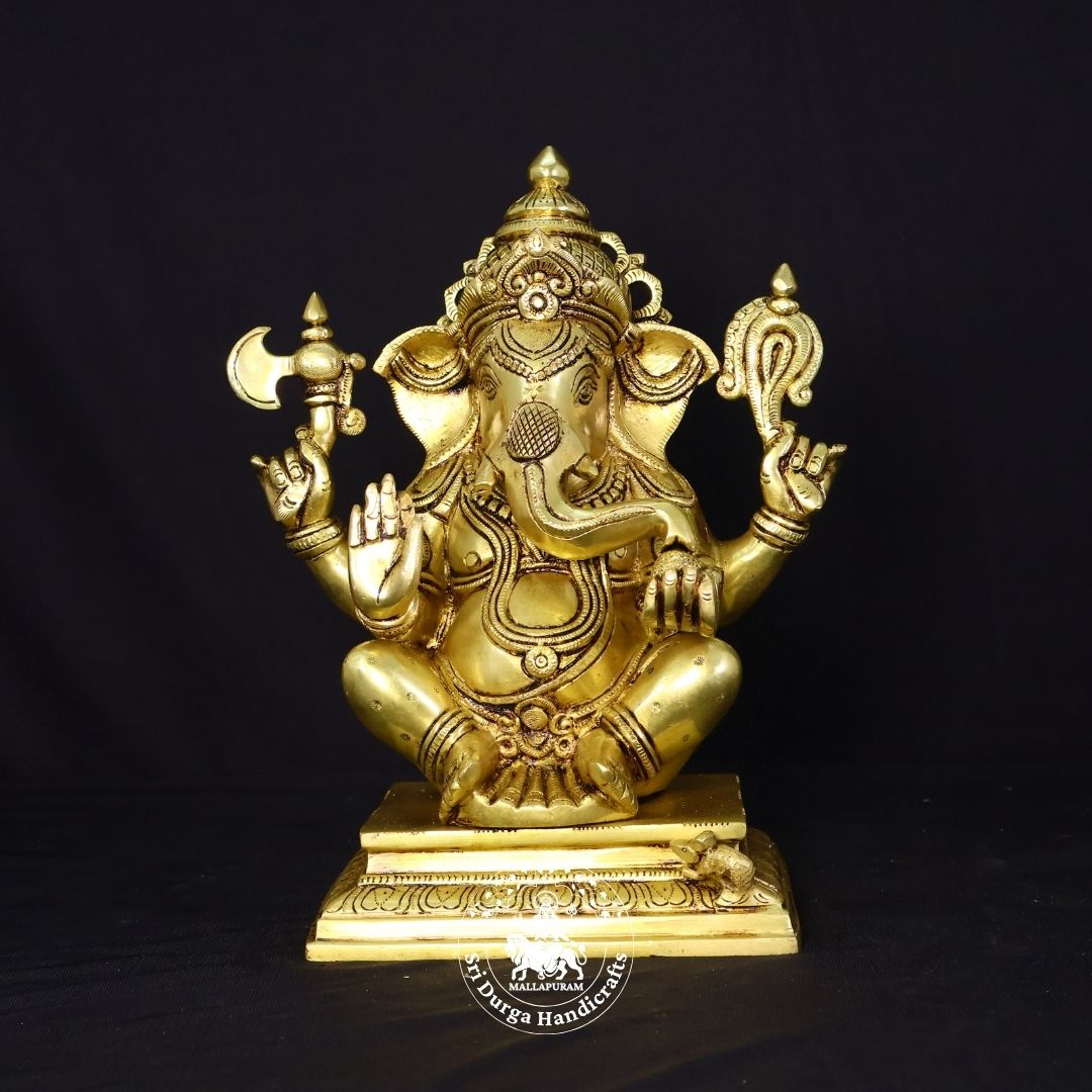 12" Inch Brass Square Base Ganesh Idol