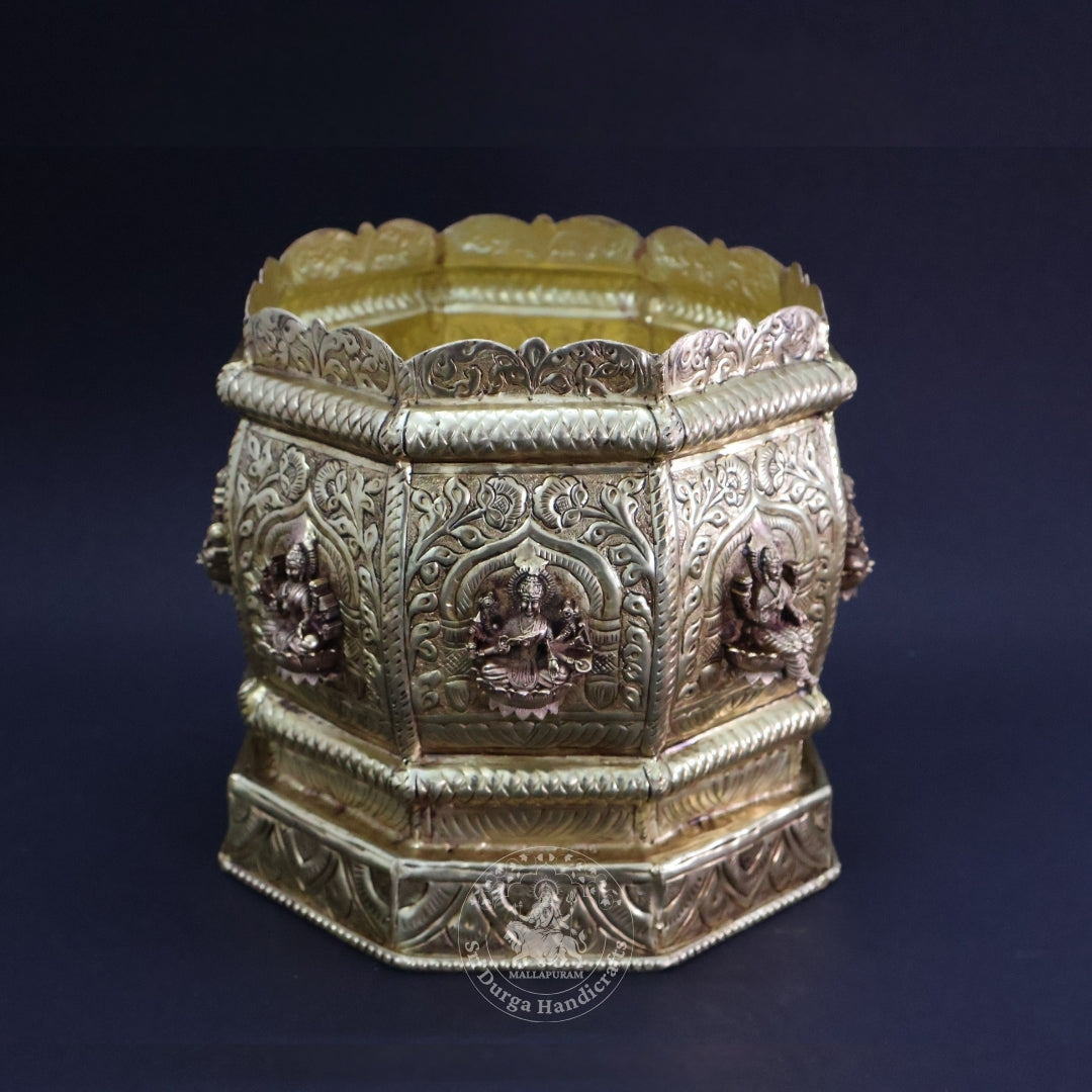 9" Inch Brass Astalakshmi Hexagon Tulasi Pot